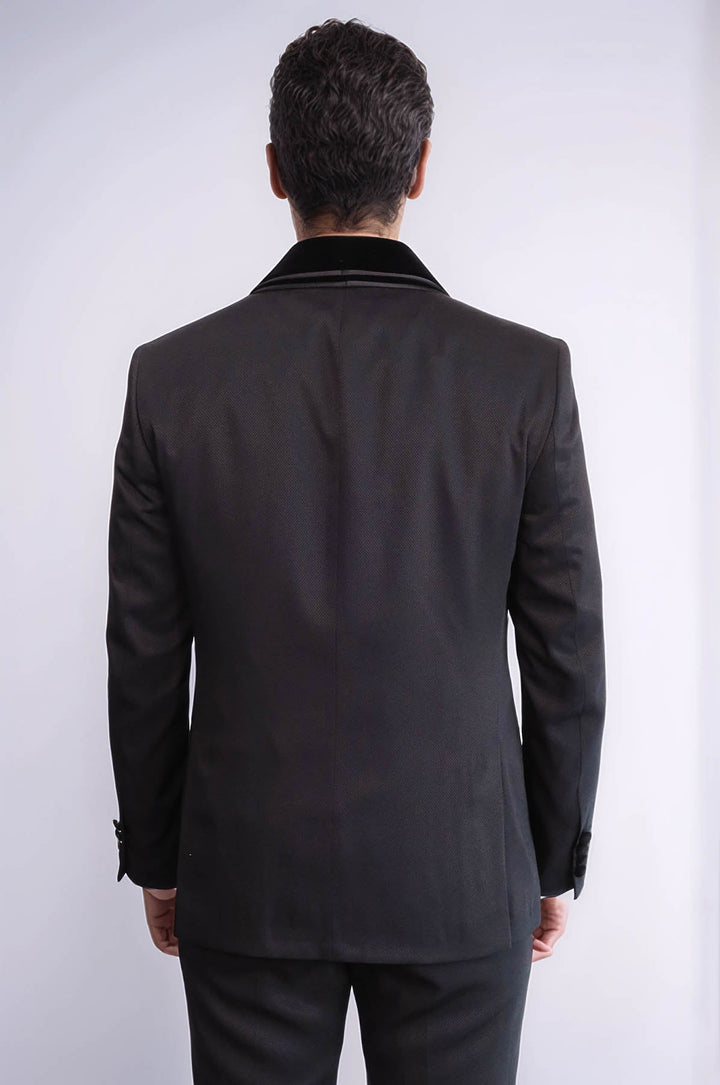 WSS 3 Piece Trim Detailed Self-Patterned Velvet Shawl Collar Black Men's Tuxedo  - Chattanooga