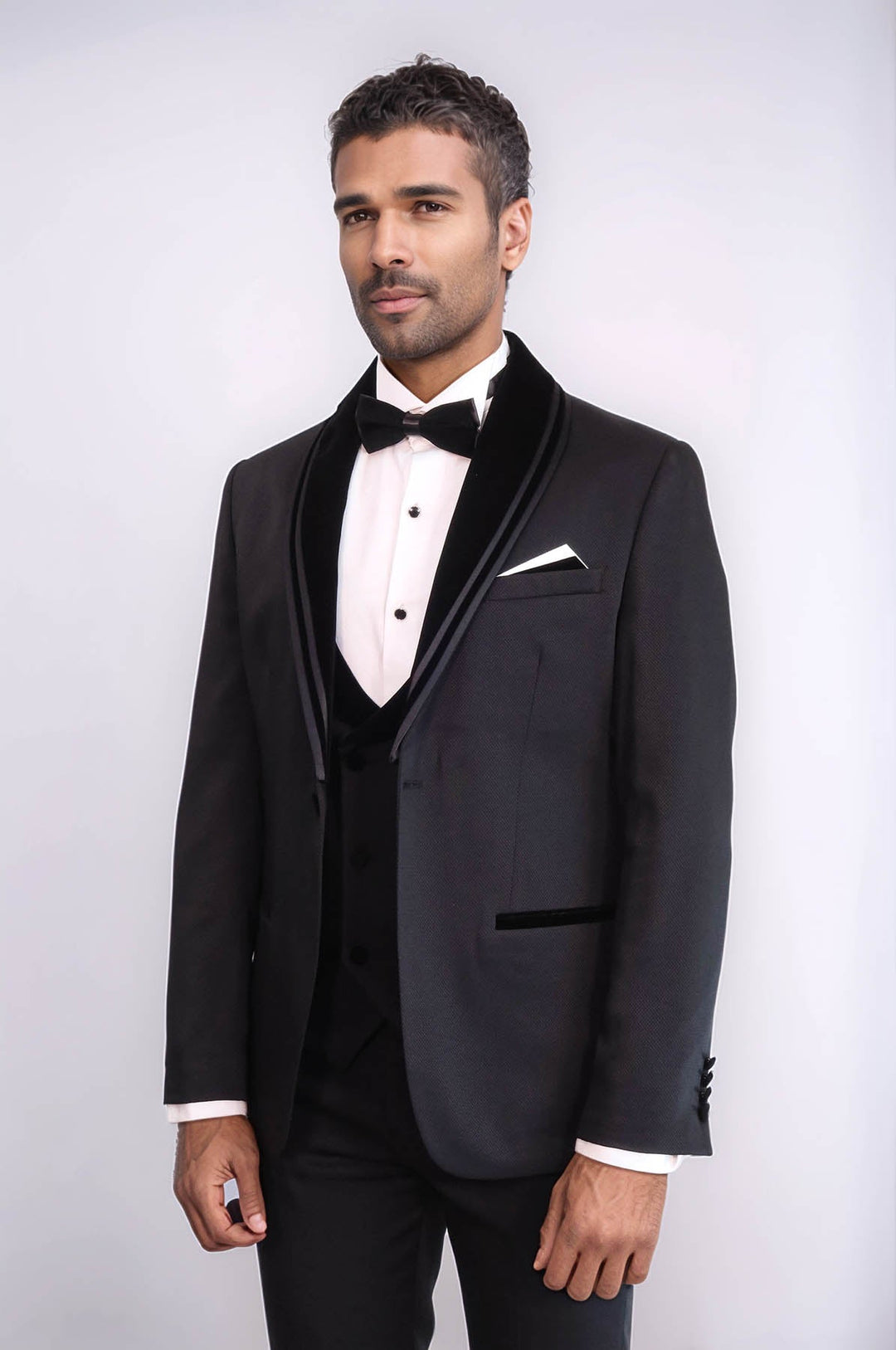 WSS 3 Piece Trim Detailed Self-Patterned Velvet Shawl Collar Black Men's Tuxedo  - Chattanooga