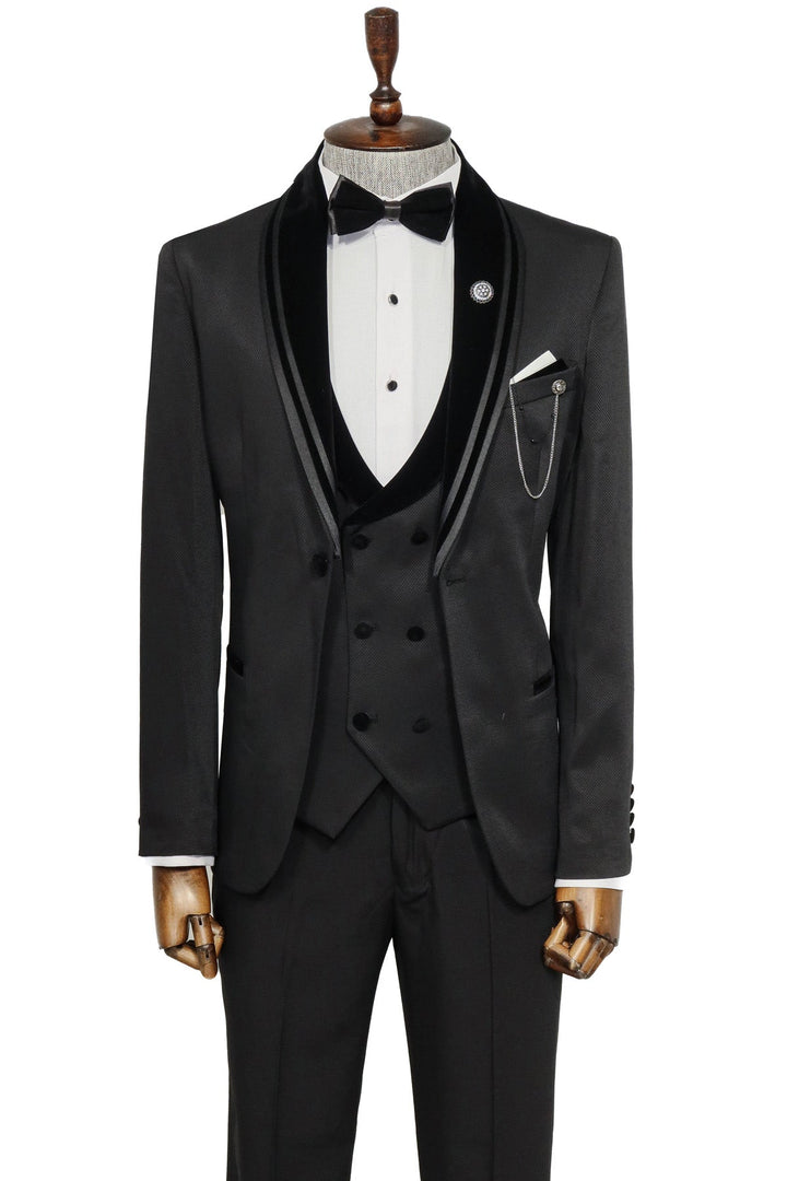 WSS 3 Piece Trim Detailed Self-Patterned Velvet Shawl Collar Black Men's Tuxedo  - Singen