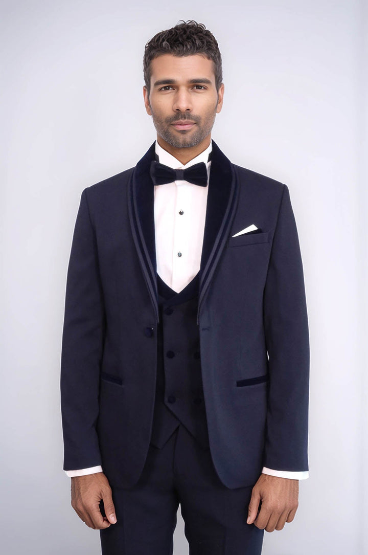WSS 3 Piece Trim Detailed Self-Patterned Velvet Shawl Collar Navy Blue Men's Tuxedo  - León