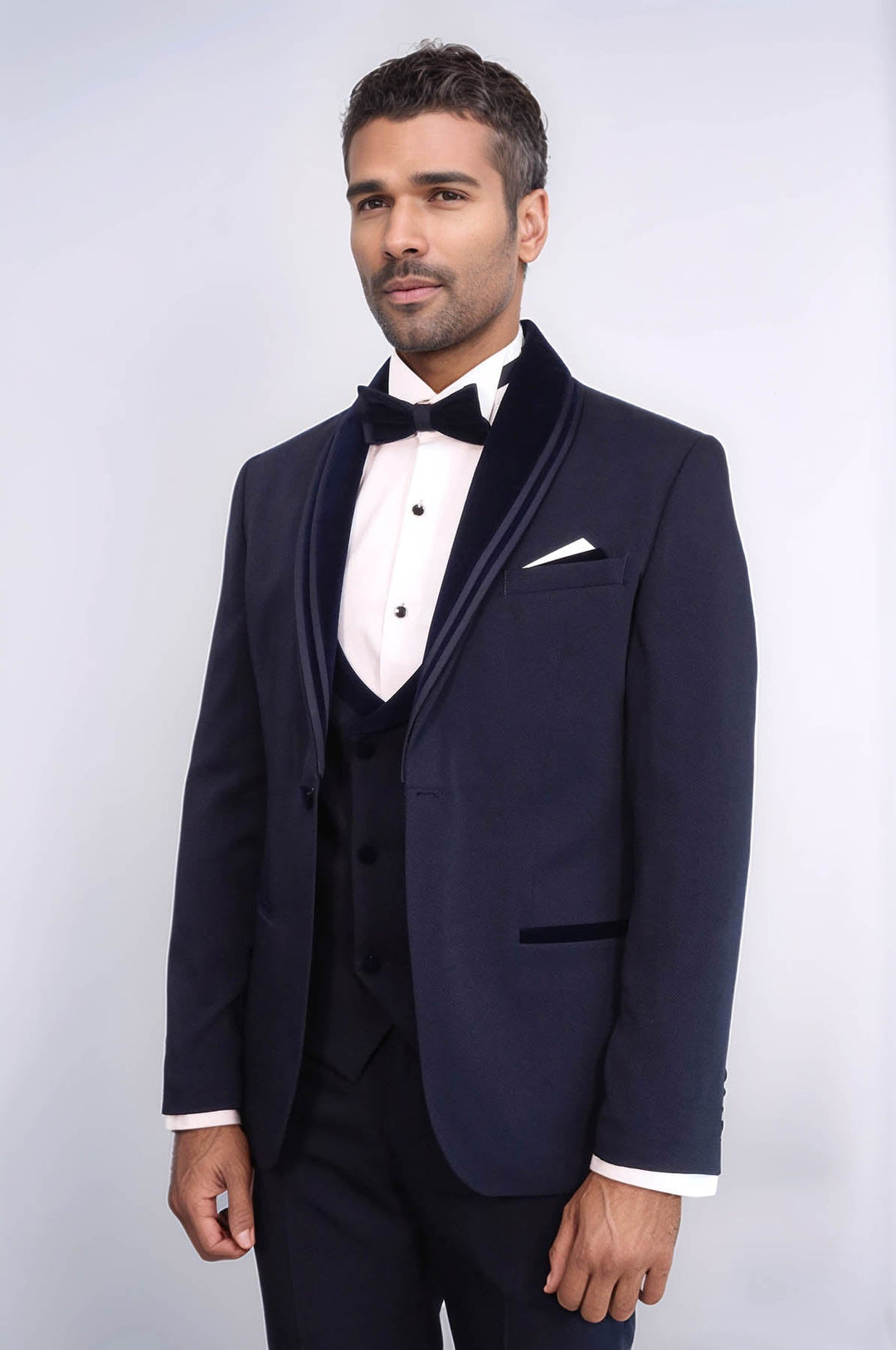 WSS 3 Piece Trim Detailed Self-Patterned Velvet Shawl Collar Navy Blue Men's Tuxedo  - León