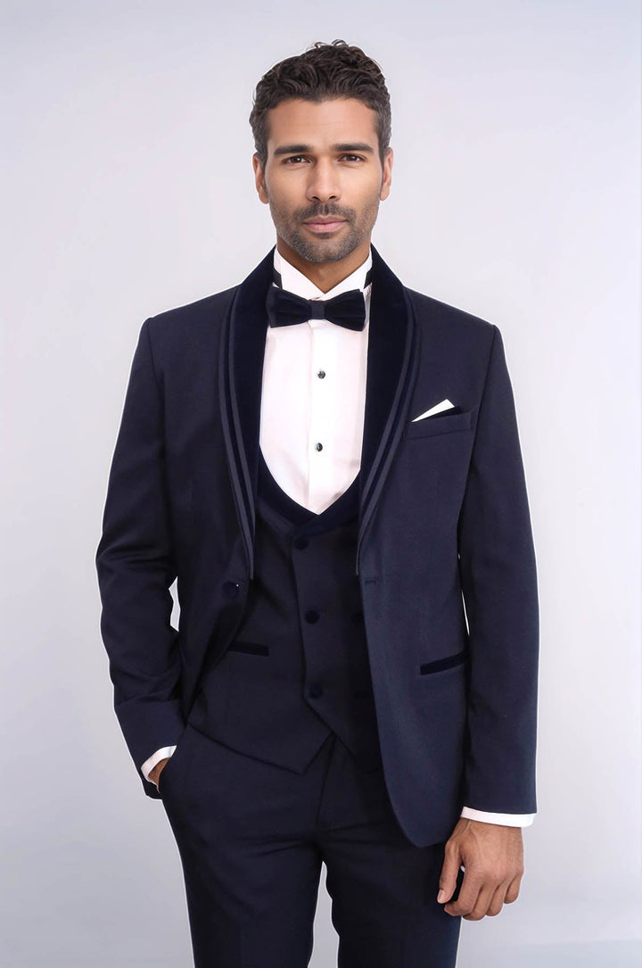 WSS 3 Piece Trim Detailed Self-Patterned Velvet Shawl Collar Navy Blue Men's Tuxedo  - León