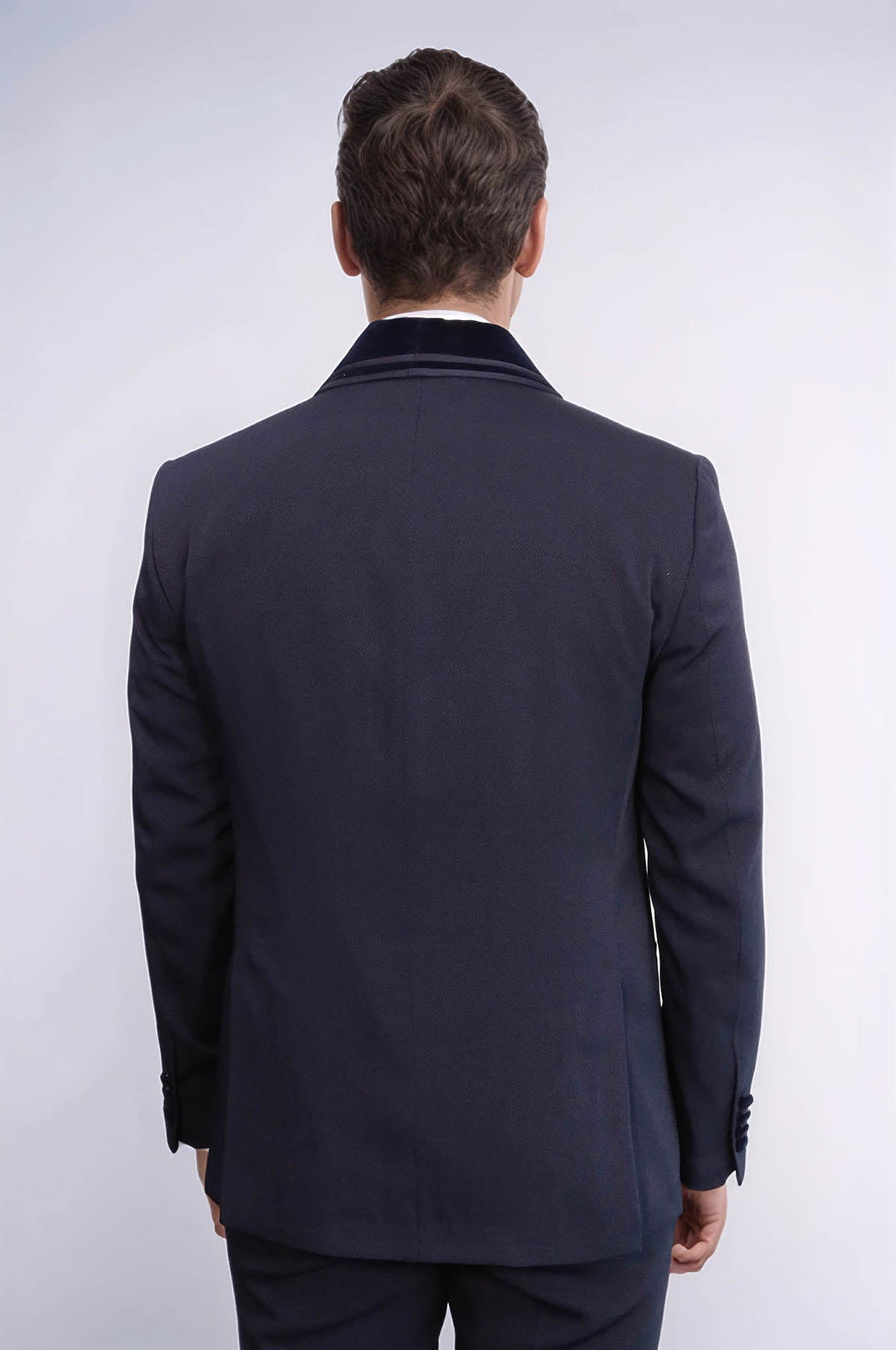 WSS 3 Piece Trim Detailed Self-Patterned Velvet Shawl Collar Navy Blue Men's Tuxedo  - León