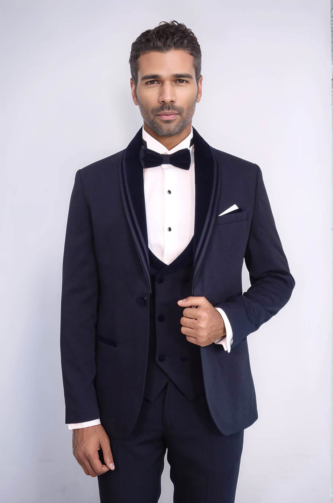 WSS 3 Piece Trim Detailed Self-Patterned Velvet Shawl Collar Navy Blue Men's Tuxedo  - León