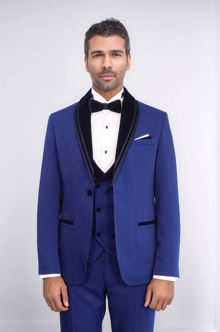 WSS 3 Piece Trim Detailed Self-Patterned Velvet Shawl Collar Royal Blue Men's Tuxedo  - Fuenlabrada