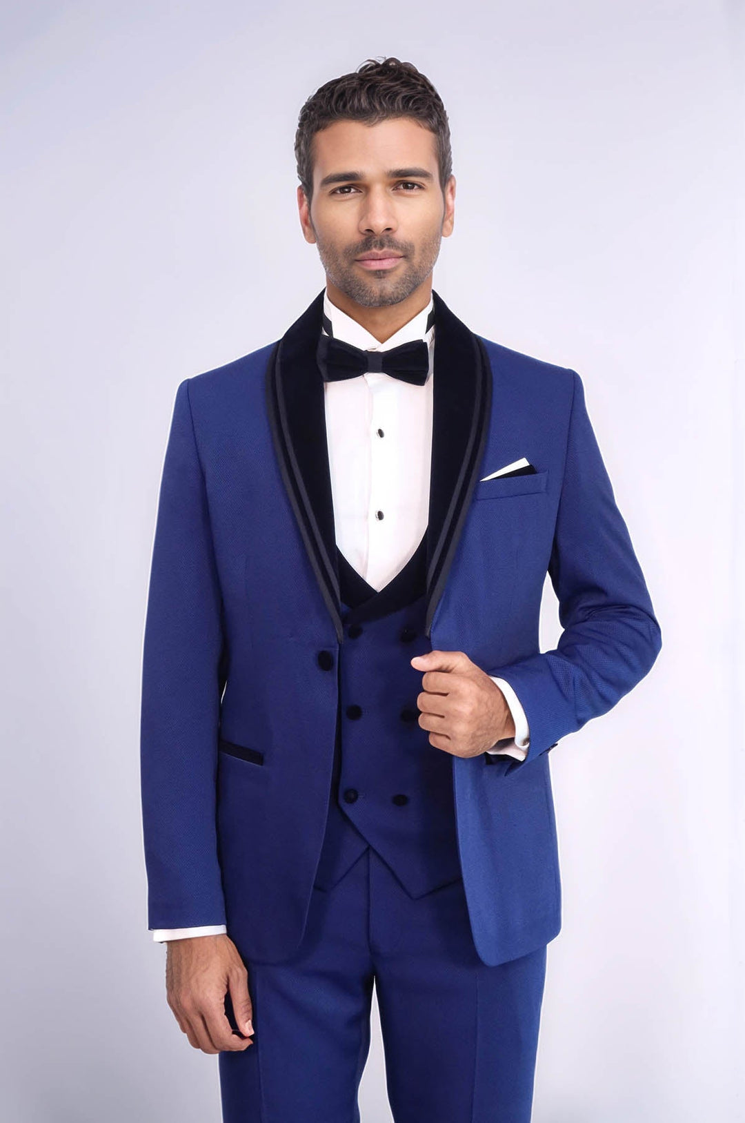 WSS 3 Piece Trim Detailed Self-Patterned Velvet Shawl Collar Royal Blue Men's Tuxedo  - Fuenlabrada