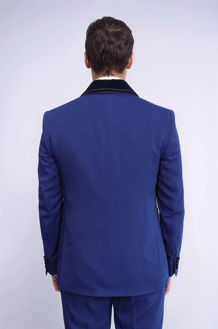 WSS 3 Piece Trim Detailed Self-Patterned Velvet Shawl Collar Royal Blue Men's Tuxedo  - Fuenlabrada