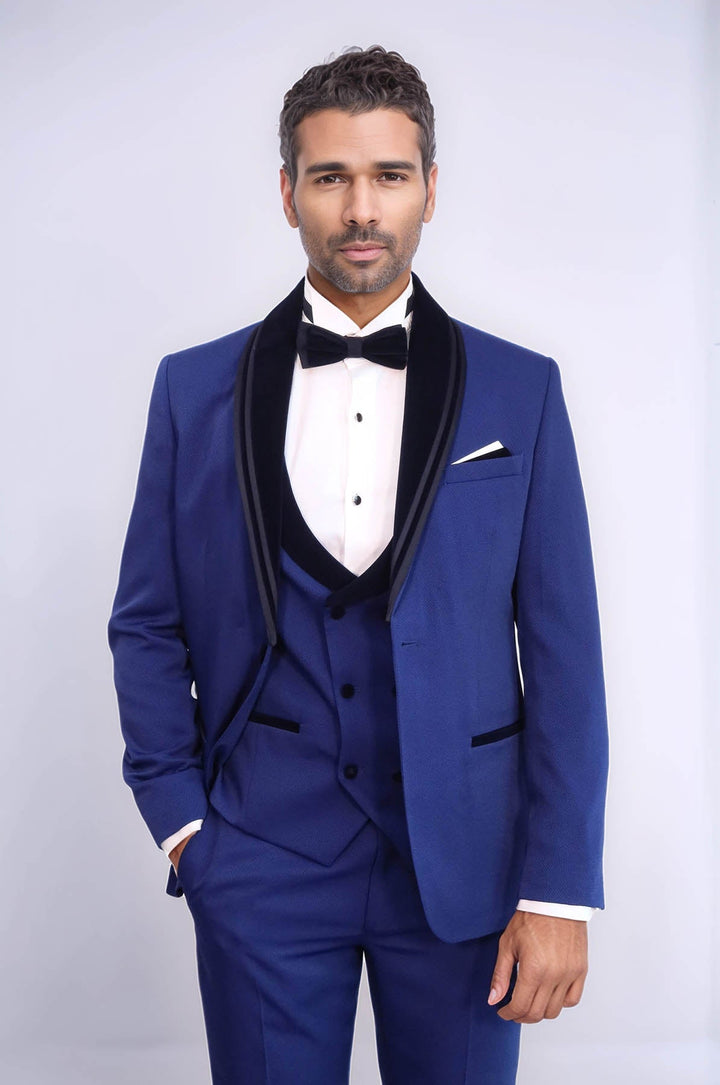 WSS 3 Piece Trim Detailed Self-Patterned Velvet Shawl Collar Royal Blue Men's Tuxedo  - Fuenlabrada
