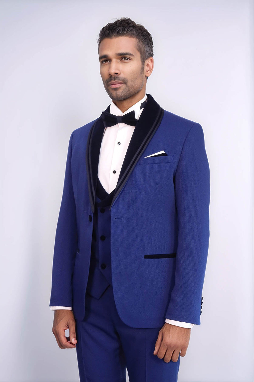 WSS 3 Piece Trim Detailed Self-Patterned Velvet Shawl Collar Royal Blue Men's Tuxedo  - Fuenlabrada