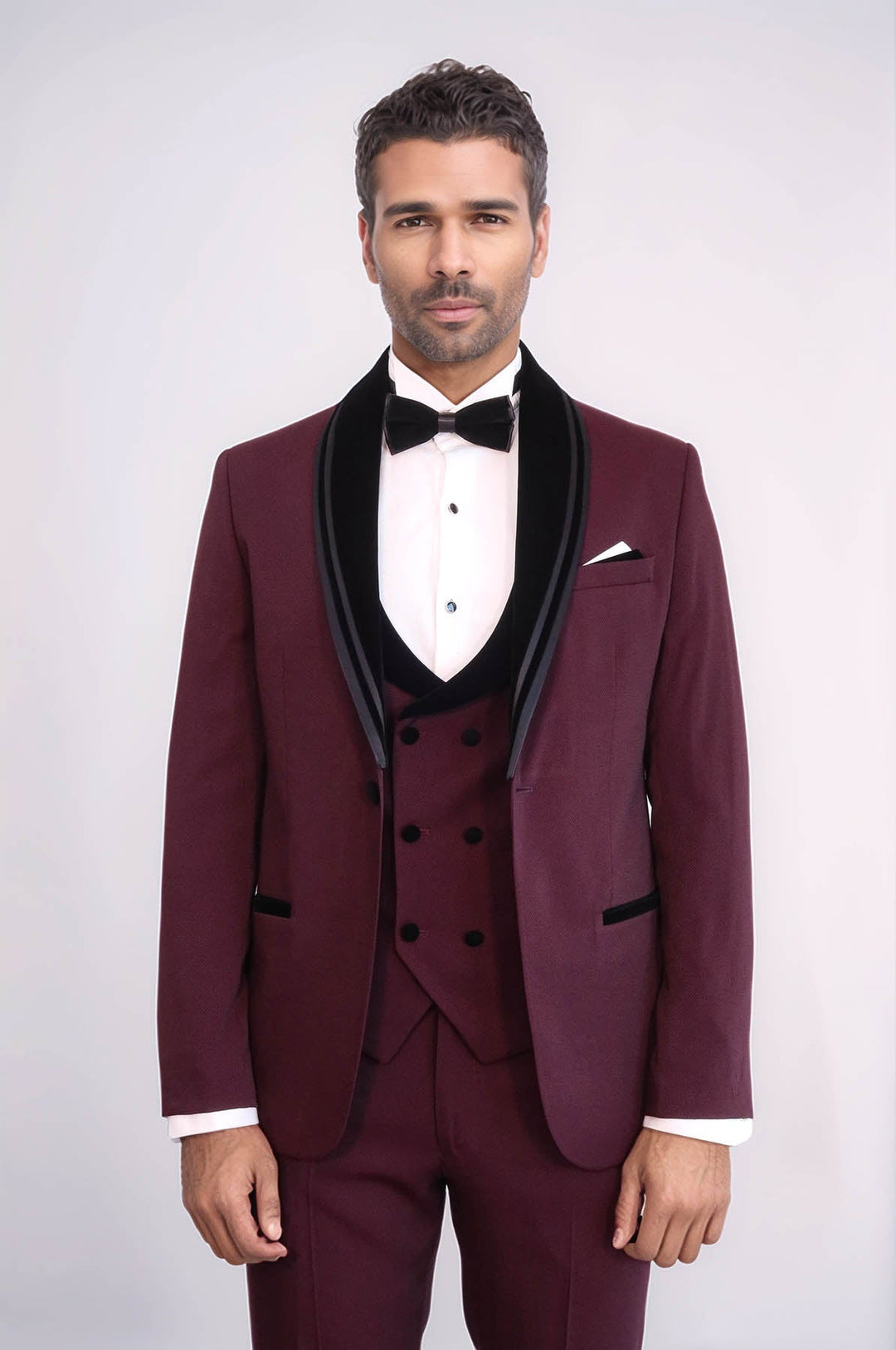 WSS 3 Piece Trim Detailed Self-Patterned Velvet Shawl Collar Burgundy Men's Tuxedo  - East Gwillimbury