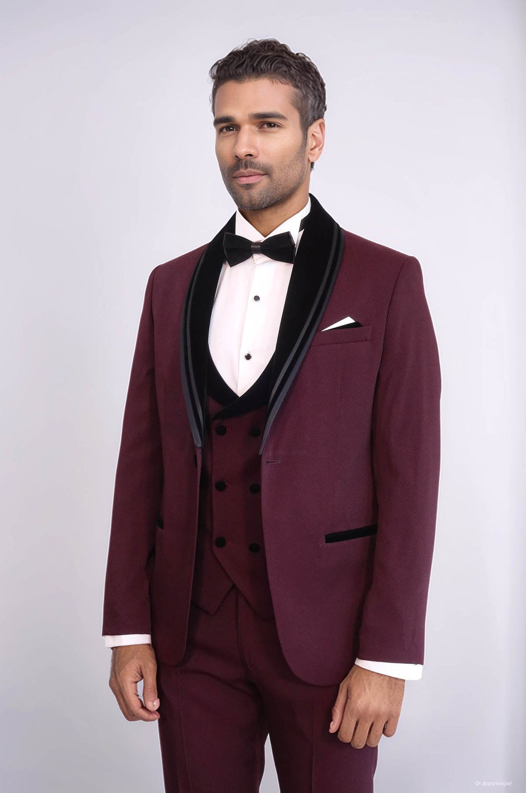 WSS 3 Piece Trim Detailed Self-Patterned Velvet Shawl Collar Burgundy Men's Tuxedo  - East Gwillimbury