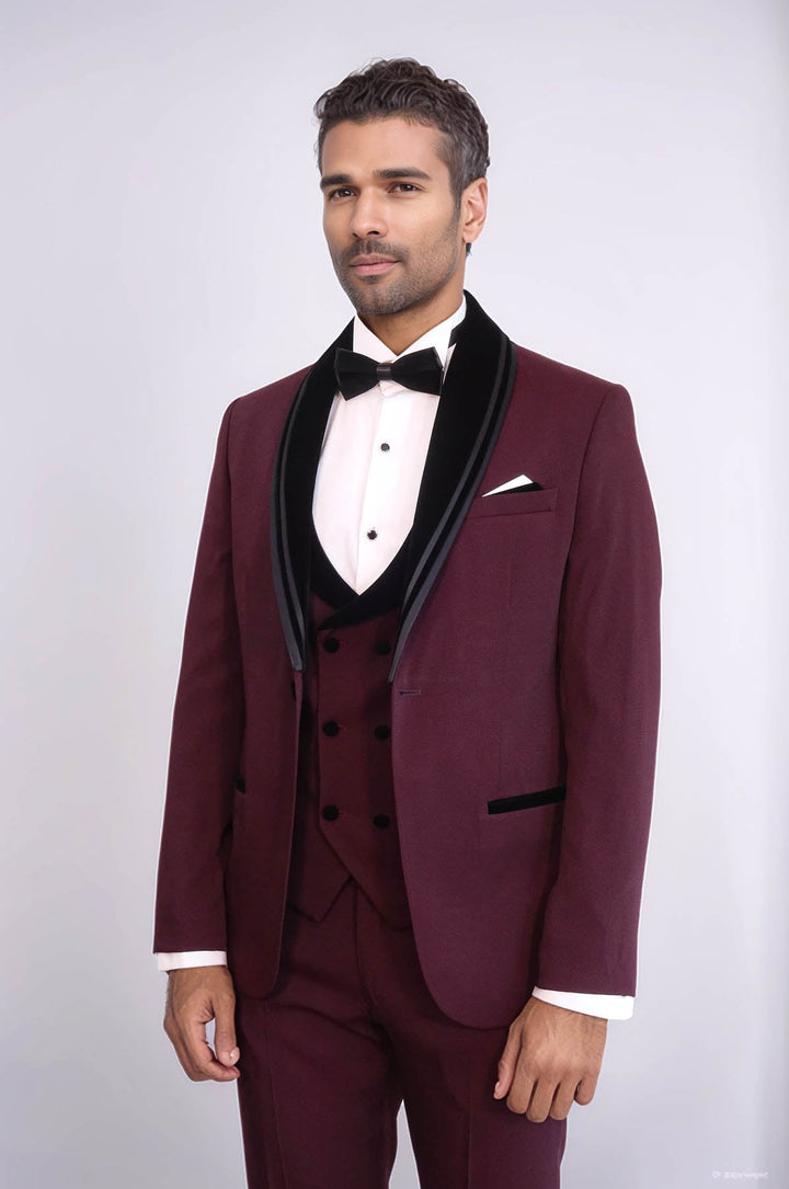 WSS 3 Piece Trim Detailed Self-Patterned Velvet Shawl Collar Burgundy Men's Tuxedo  - East Gwillimbury
