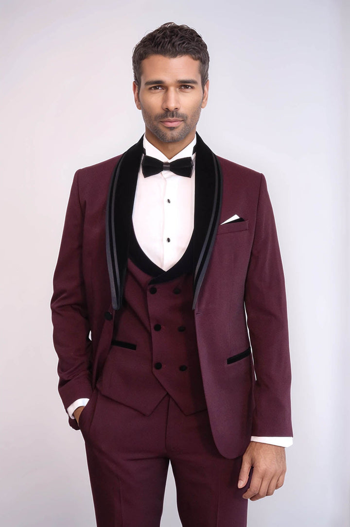 WSS 3 Piece Trim Detailed Self-Patterned Velvet Shawl Collar Burgundy Men's Tuxedo  - East Gwillimbury