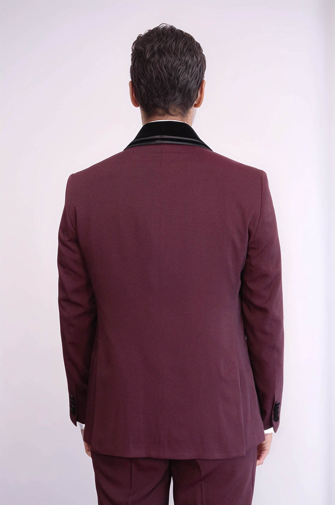 WSS 3 Piece Trim Detailed Self-Patterned Velvet Shawl Collar Burgundy Men's Tuxedo  - East Gwillimbury