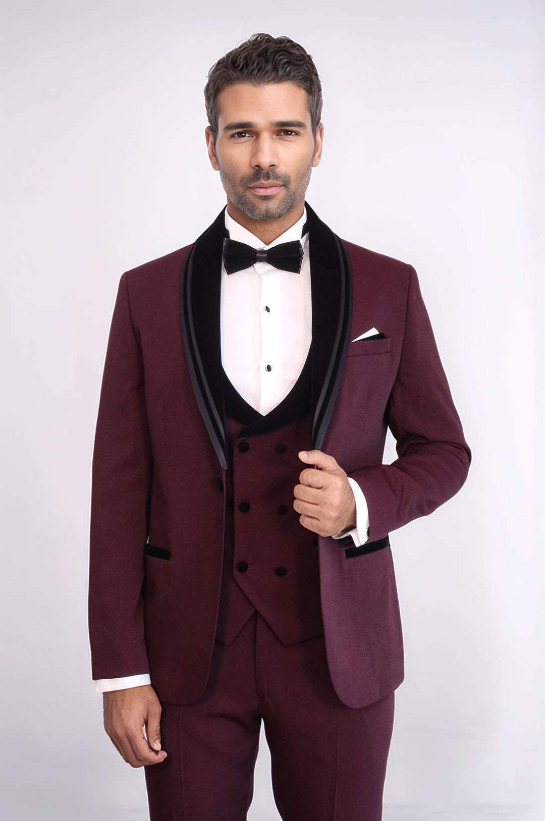WSS 3 Piece Trim Detailed Self-Patterned Velvet Shawl Collar Burgundy Men's Tuxedo  - East Gwillimbury
