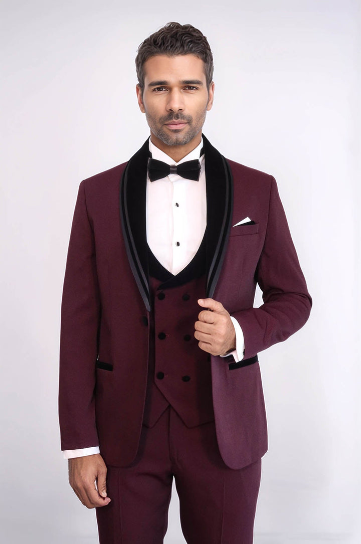 WSS 3 Piece Trim Detailed Self-Patterned Velvet Shawl Collar Burgundy Men's Tuxedo  - East Gwillimbury