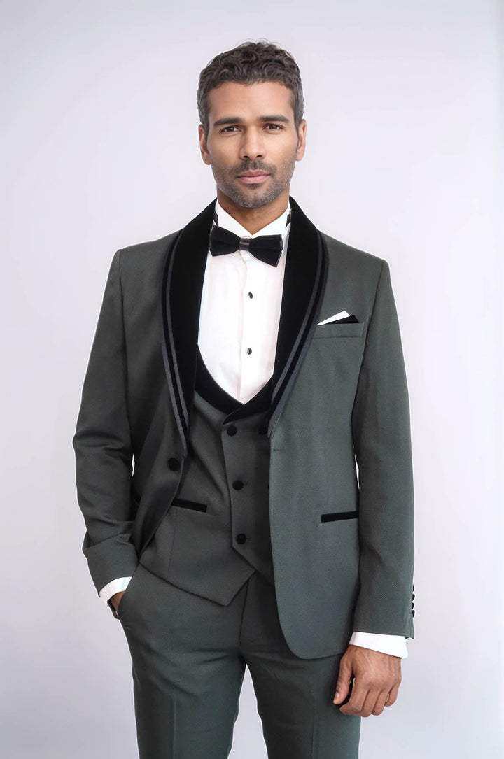 WSS 3 Piece Trim Detailed Self-Patterned Velvet Shawl Collar Khaki Men's Tuxedo  - Salisbury