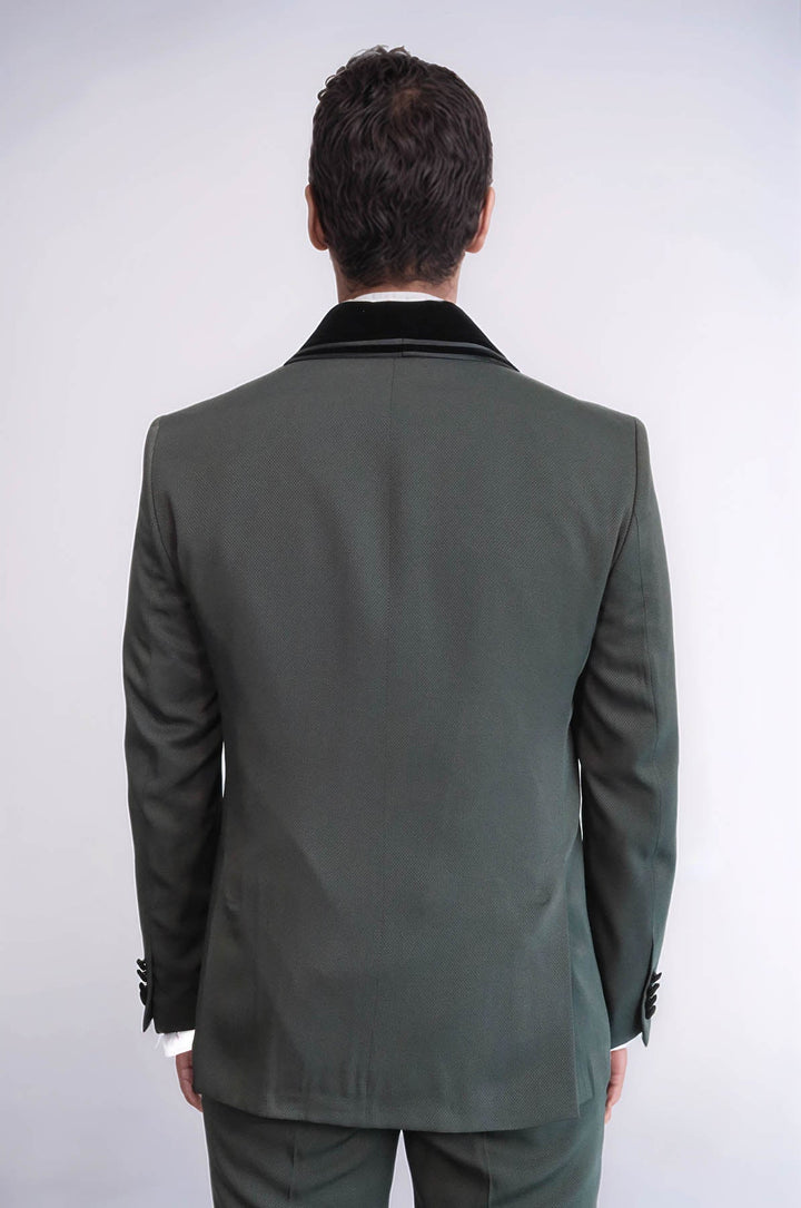WSS 3 Piece Trim Detailed Self-Patterned Velvet Shawl Collar Khaki Men's Tuxedo  - Salisbury