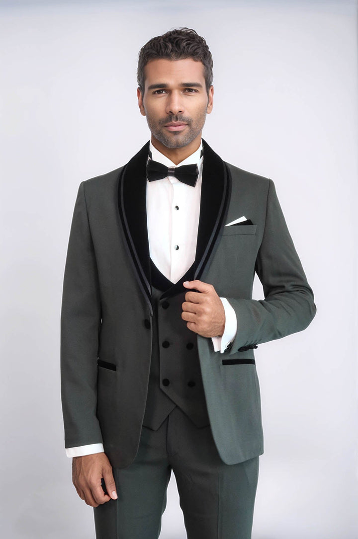 WSS 3 Piece Trim Detailed Self-Patterned Velvet Shawl Collar Khaki Men's Tuxedo  - Salisbury