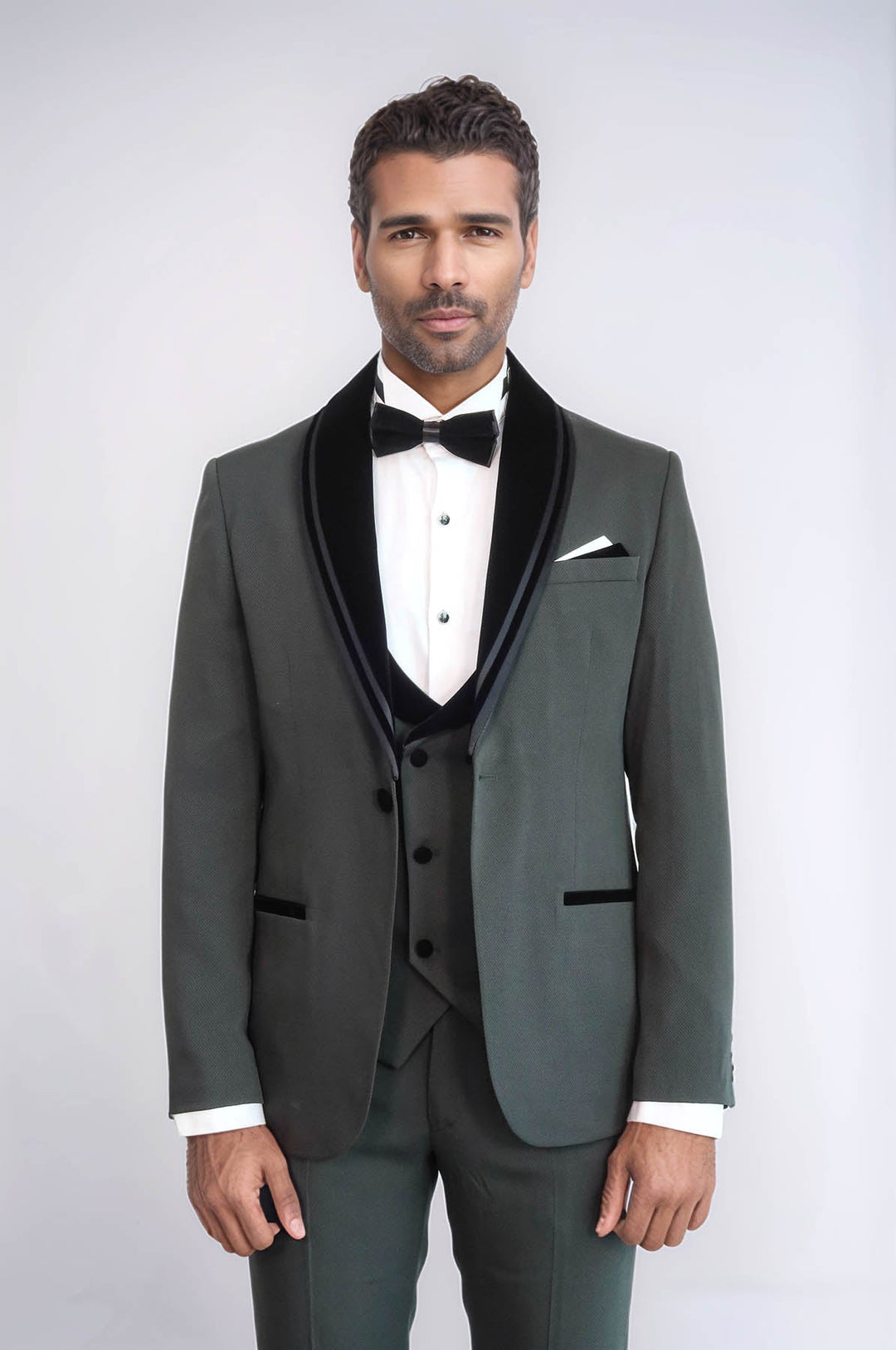 WSS 3 Piece Trim Detailed Self-Patterned Velvet Shawl Collar Khaki Men's Tuxedo  - Salisbury