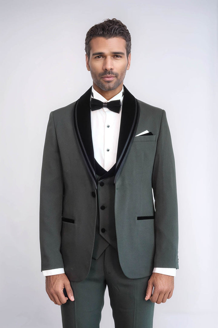 WSS 3 Piece Trim Detailed Self-Patterned Velvet Shawl Collar Khaki Men's Tuxedo  - Salisbury