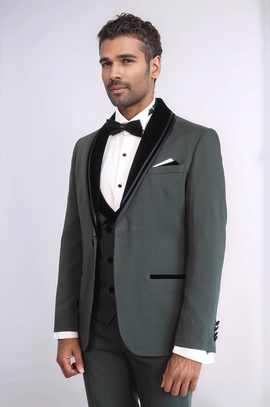 WSS 3 Piece Trim Detailed Self-Patterned Velvet Shawl Collar Khaki Men's Tuxedo  - Salisbury