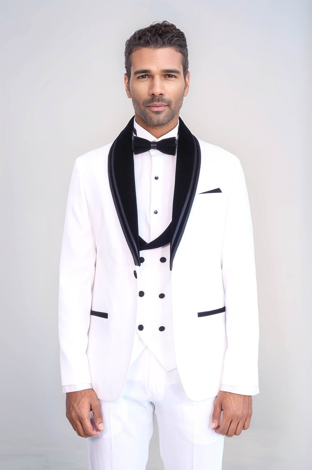 WSS 3 Piece Trim Detailed Self-Patterned Velvet Shawl Collar White Men's Tuxedo  - Troyes