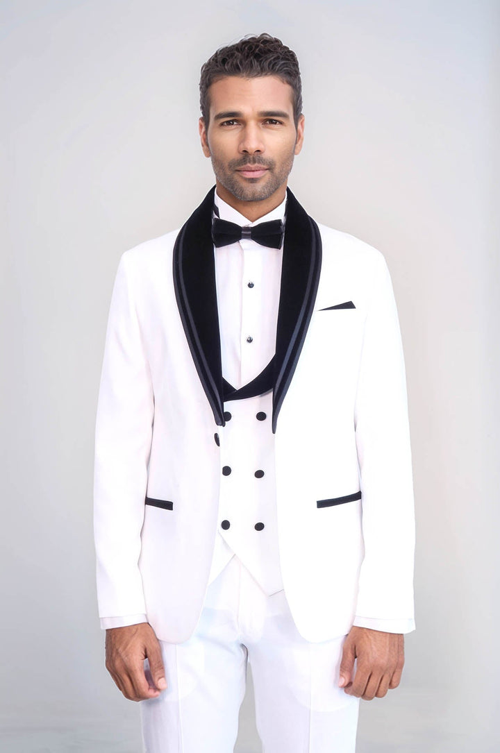 WSS 3 Piece Trim Detailed Self-Patterned Velvet Shawl Collar White Men's Tuxedo  - Troyes