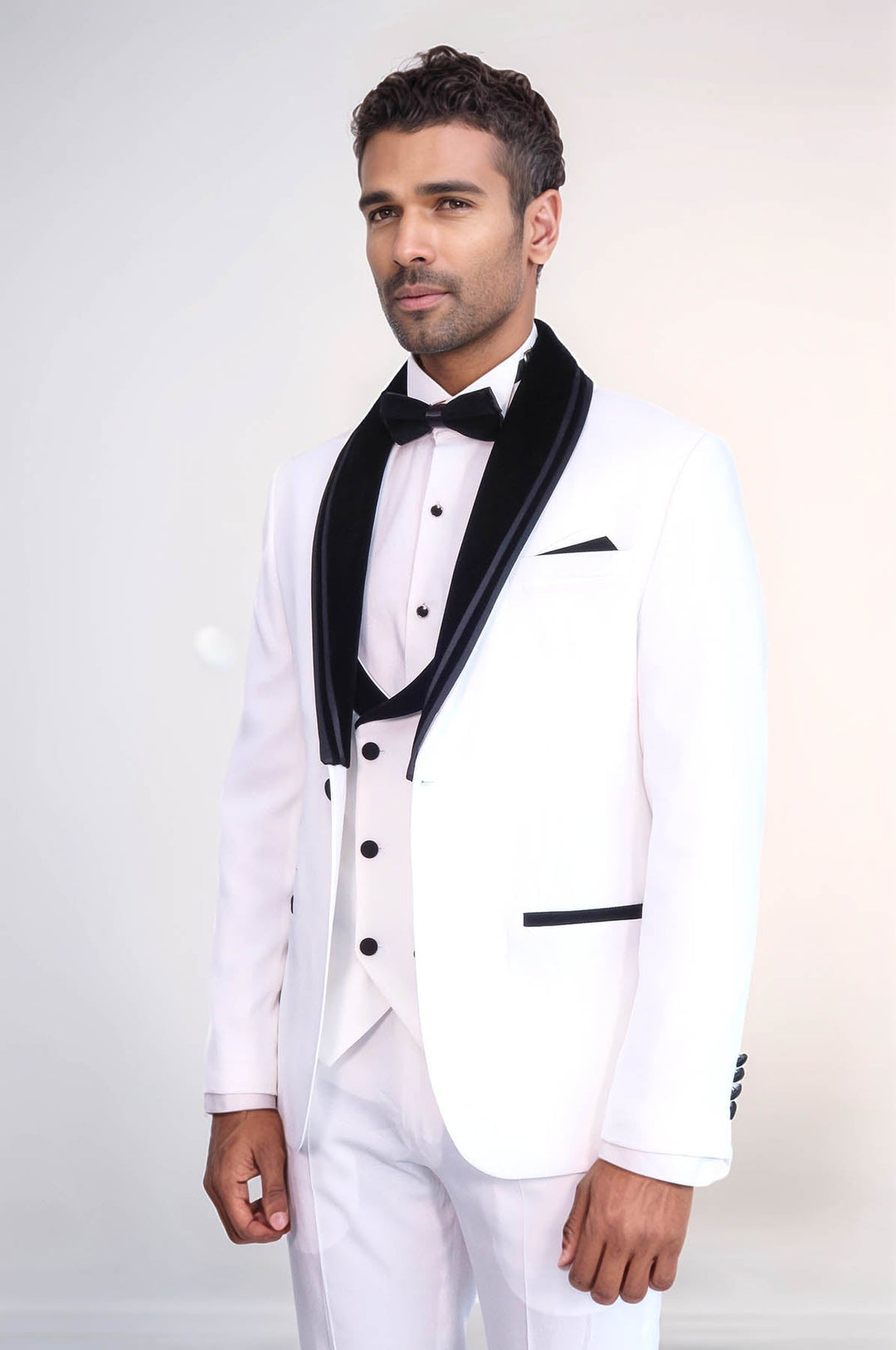 WSS 3 Piece Trim Detailed Self-Patterned Velvet Shawl Collar White Men's Tuxedo  - Troyes