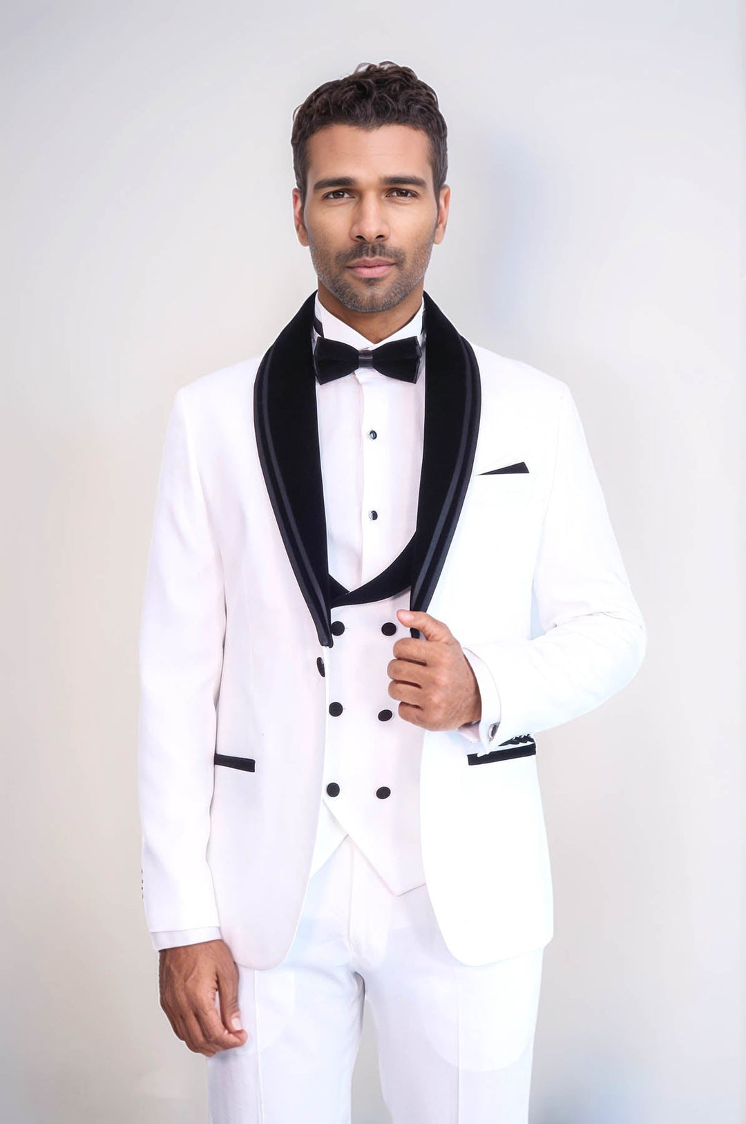 WSS 3 Piece Trim Detailed Self-Patterned Velvet Shawl Collar White Men's Tuxedo  - Troyes