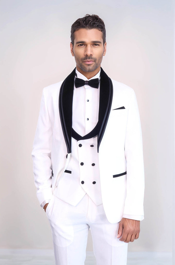 WSS 3 Piece Trim Detailed Self-Patterned Velvet Shawl Collar White Men's Tuxedo  - Troyes