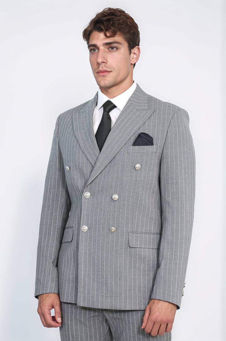 WSS Pinstripe Double Breasted Men’s Grey Suit with Silver Button Details  - Valle de Santiago