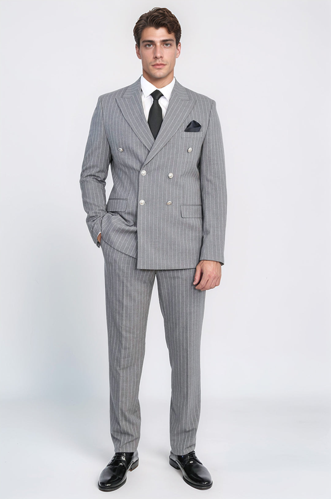 WSS Pinstripe Double Breasted Men’s Grey Suit with Silver Button Details  - Valle de Santiago