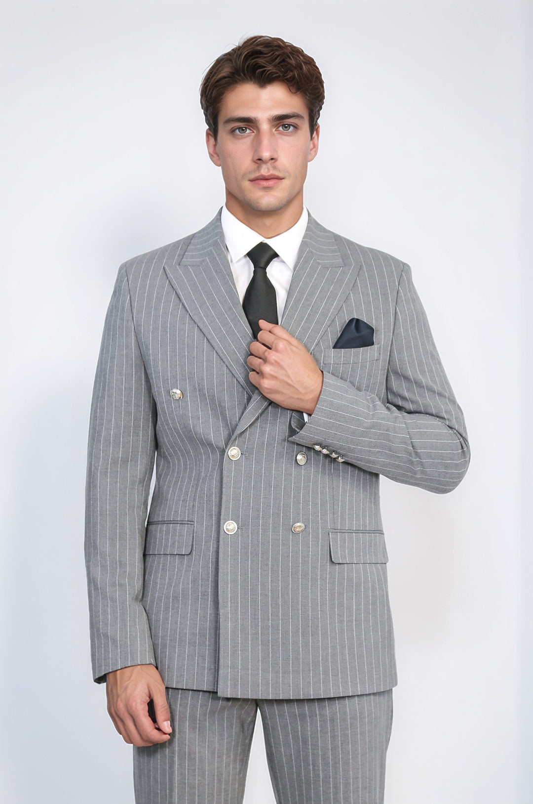 WSS Pinstripe Double Breasted Men’s Grey Suit with Silver Button Details  - Valle de Santiago