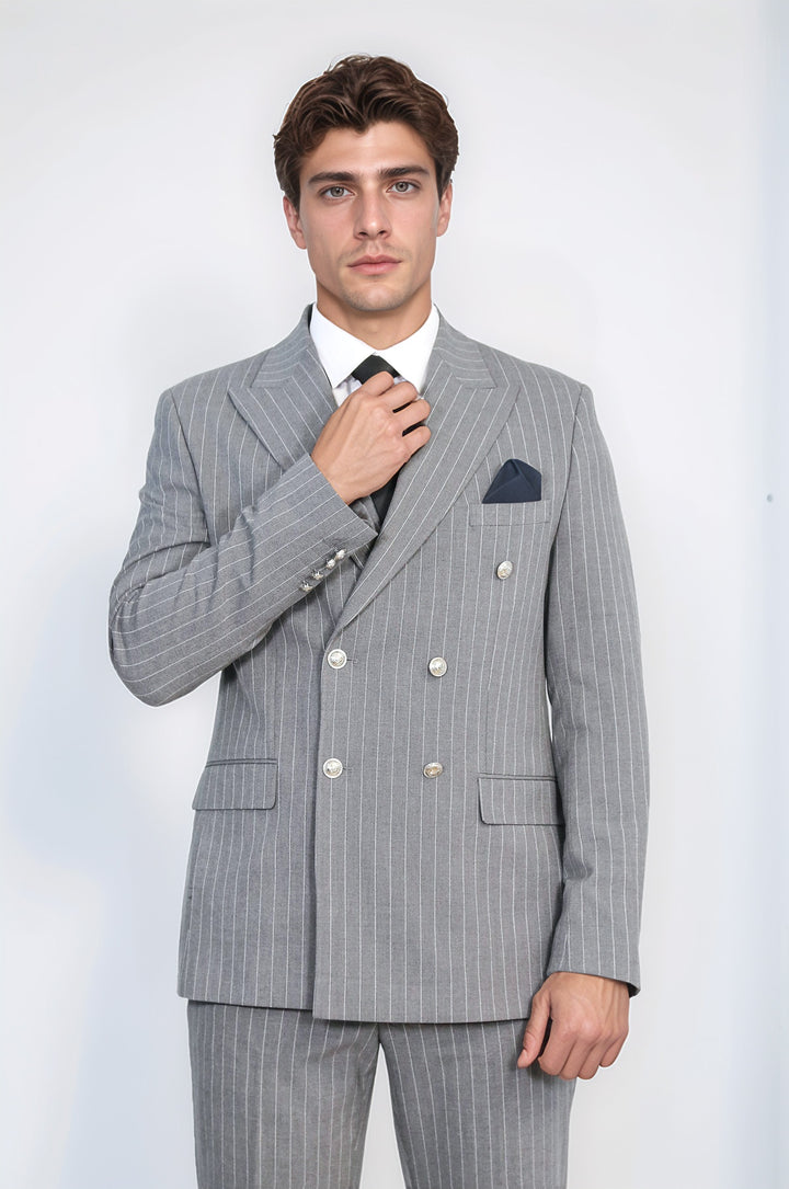 WSS Pinstripe Double Breasted Men’s Grey Suit with Silver Button Details  - Valle de Santiago