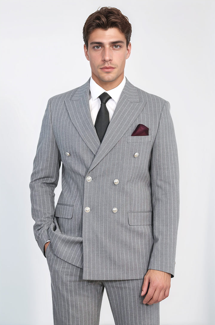 WSS Pinstripe Double Breasted Men’s Grey Suit with Silver Button Details  - Valle de Santiago