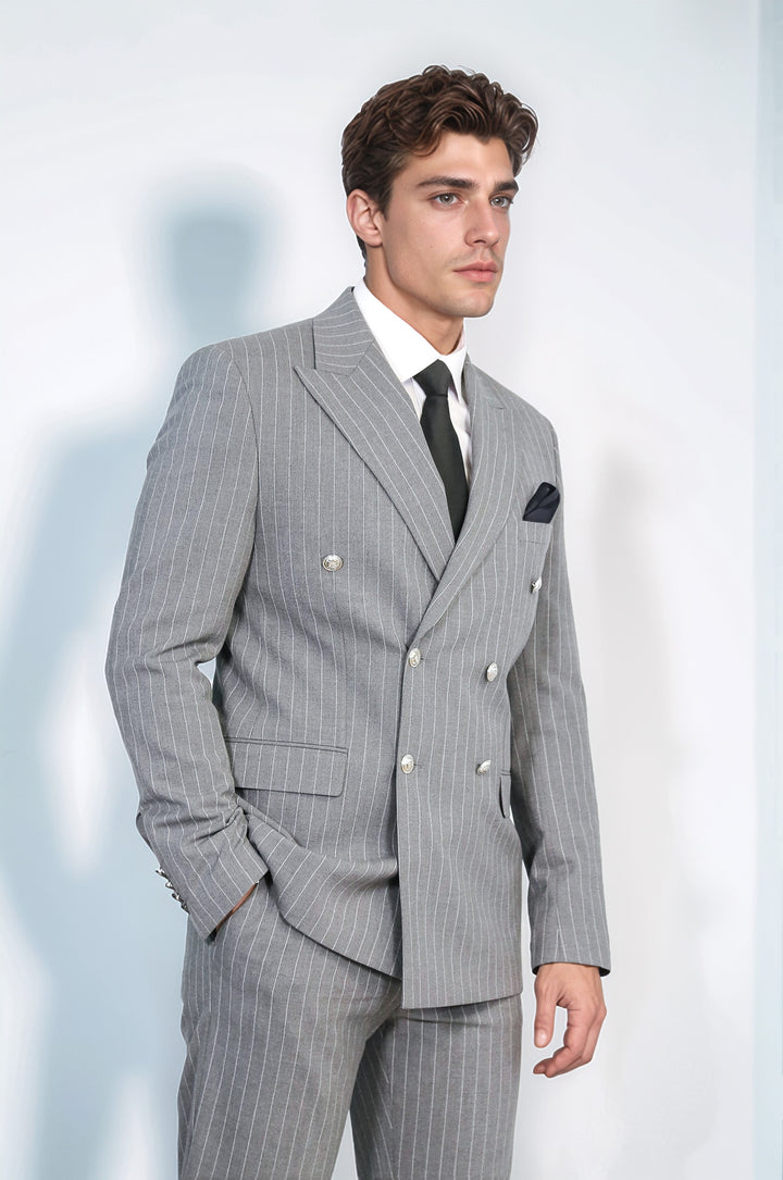 WSS Pinstripe Double Breasted Men’s Grey Suit with Silver Button Details  - Valle de Santiago