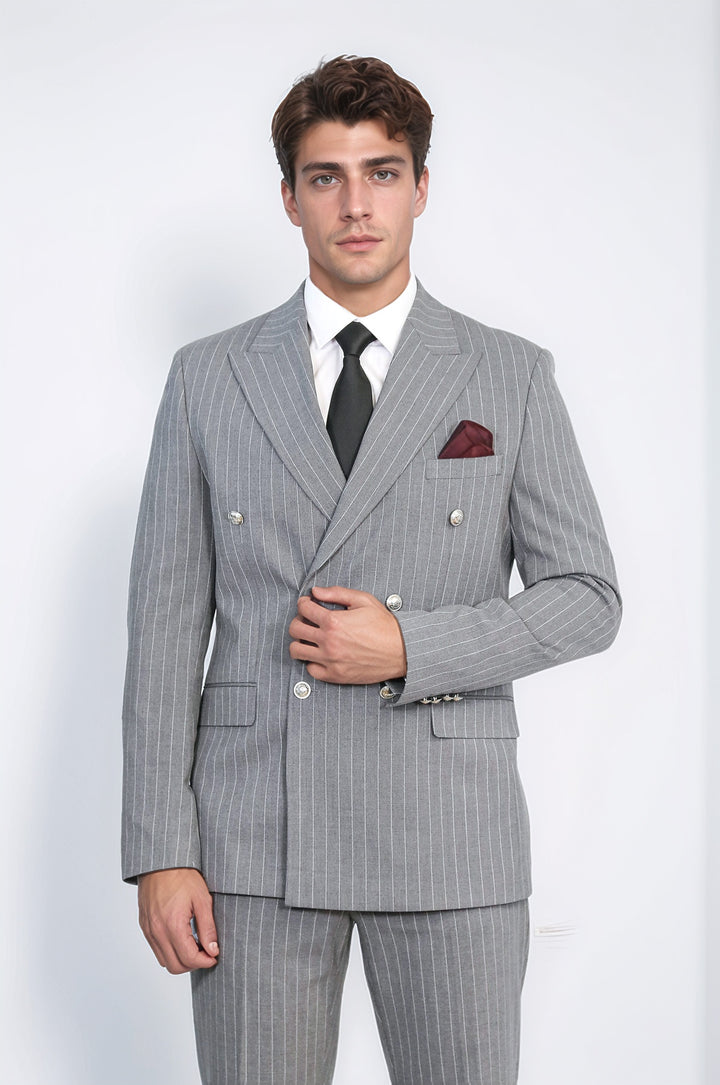 WSS Pinstripe Double Breasted Men’s Grey Suit with Silver Button Details  - Valle de Santiago