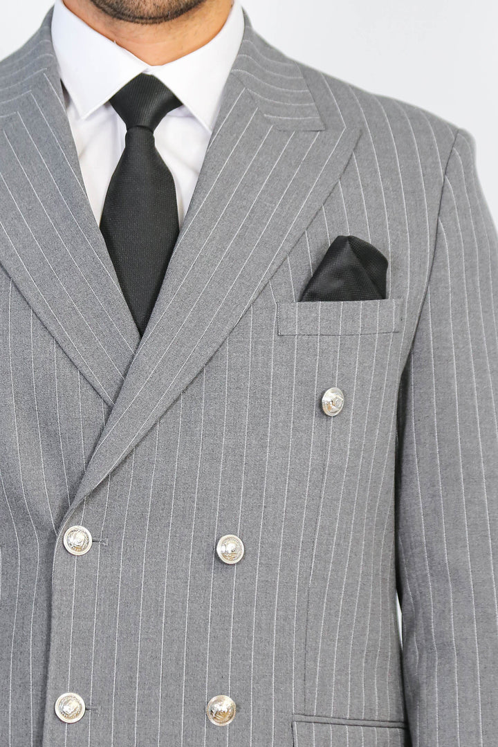 WSS Pinstripe Double Breasted Men’s Grey Suit with Silver Button Details  - Valle de Santiago