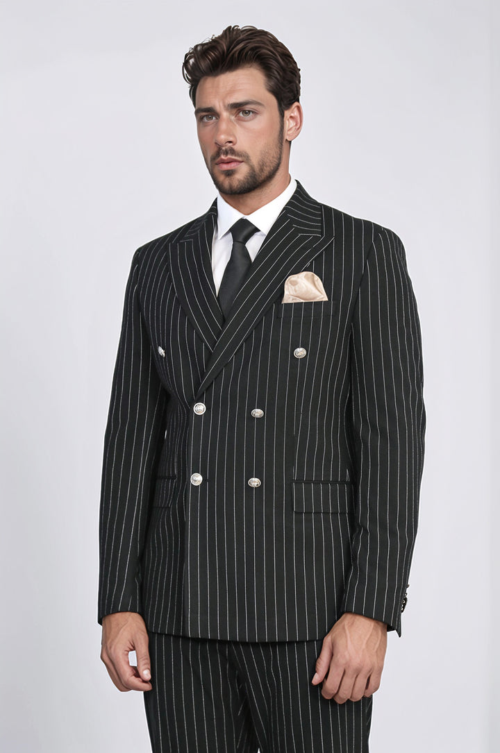WSS Pinstripe Double Breasted Men’s Black Suit with Silver Button Details  - Bünde
