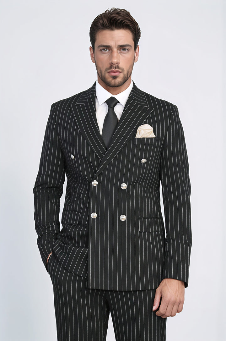 WSS Pinstripe Double Breasted Men’s Black Suit with Silver Button Details  - Bünde
