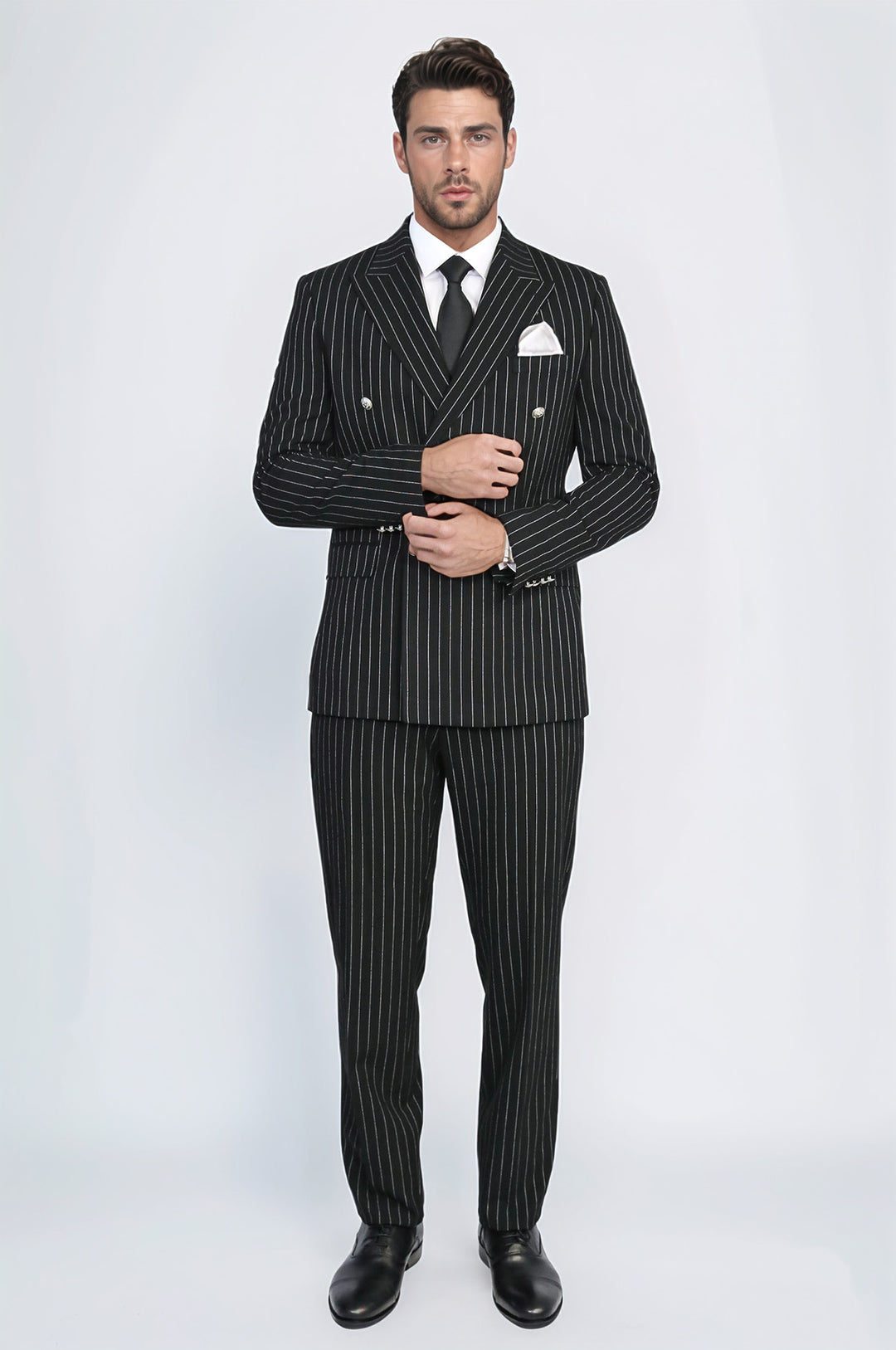 WSS Pinstripe Double Breasted Men’s Black Suit with Silver Button Details  - Bünde