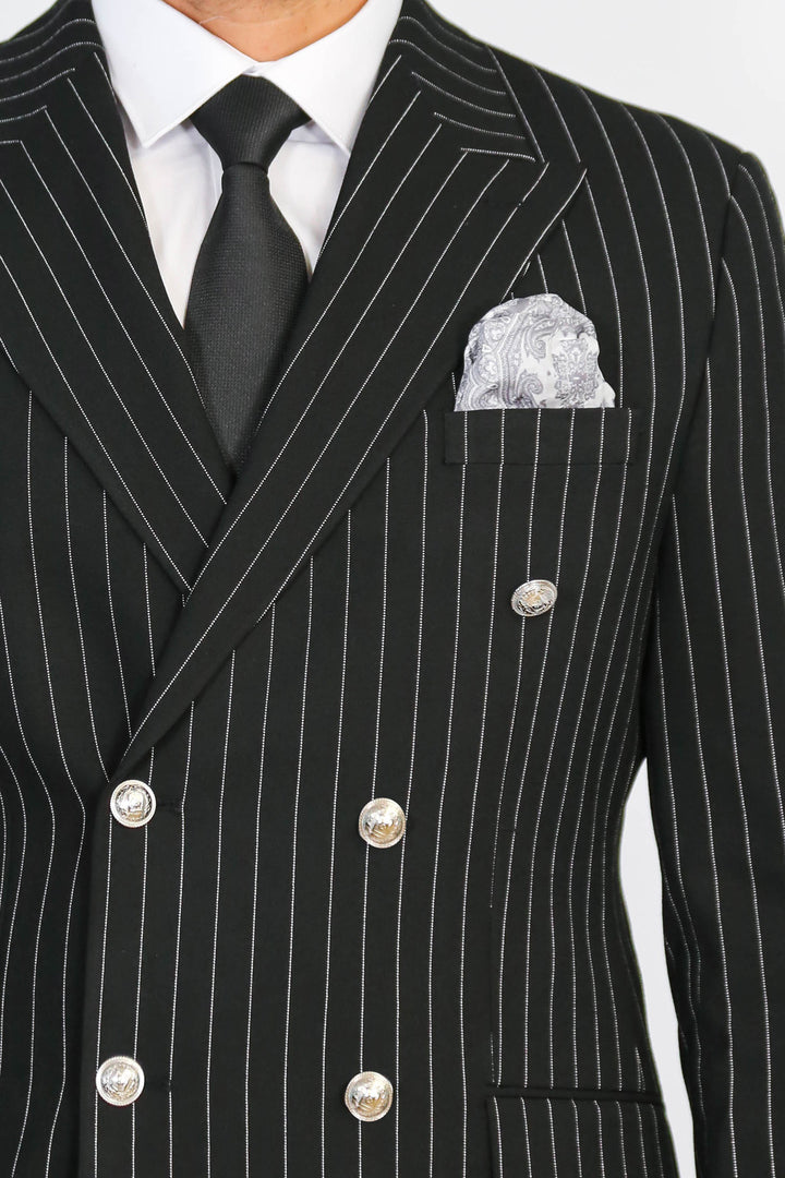 WSS Pinstripe Double Breasted Men’s Black Suit with Silver Button Details  - Bünde