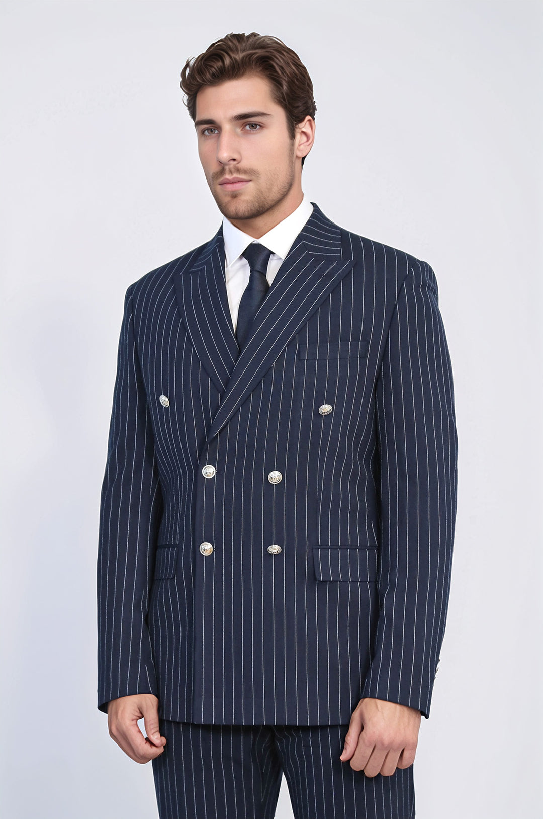 WSS Pinstripe Double Breasted Men’s Navy Blue Suit with Silver Button Details  - Wheeling