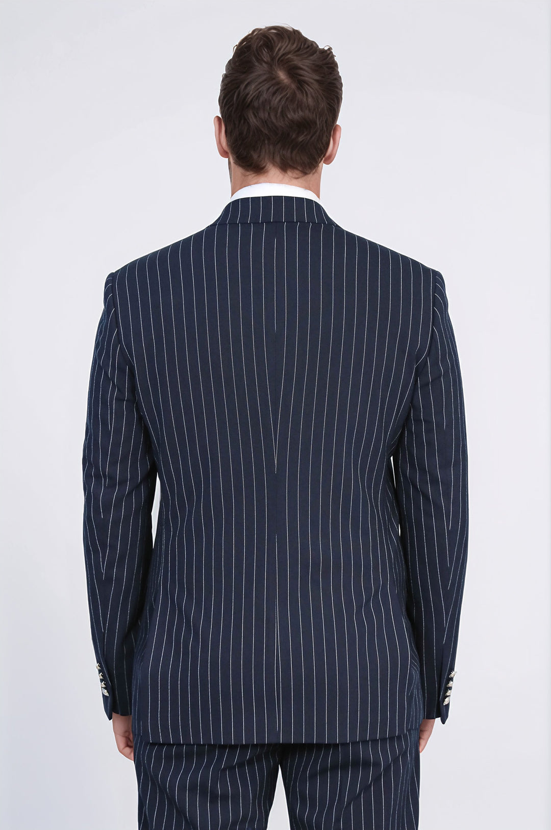 WSS Pinstripe Double Breasted Men’s Navy Blue Suit with Silver Button Details  - Wheeling