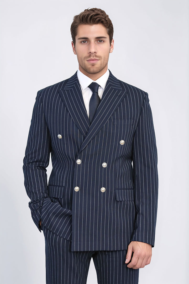 WSS Pinstripe Double Breasted Men’s Navy Blue Suit with Silver Button Details  - Wheeling