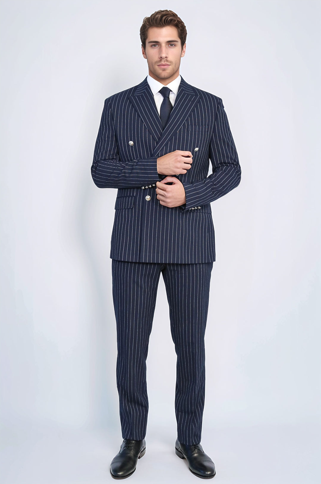 WSS Pinstripe Double Breasted Men’s Navy Blue Suit with Silver Button Details  - Wheeling