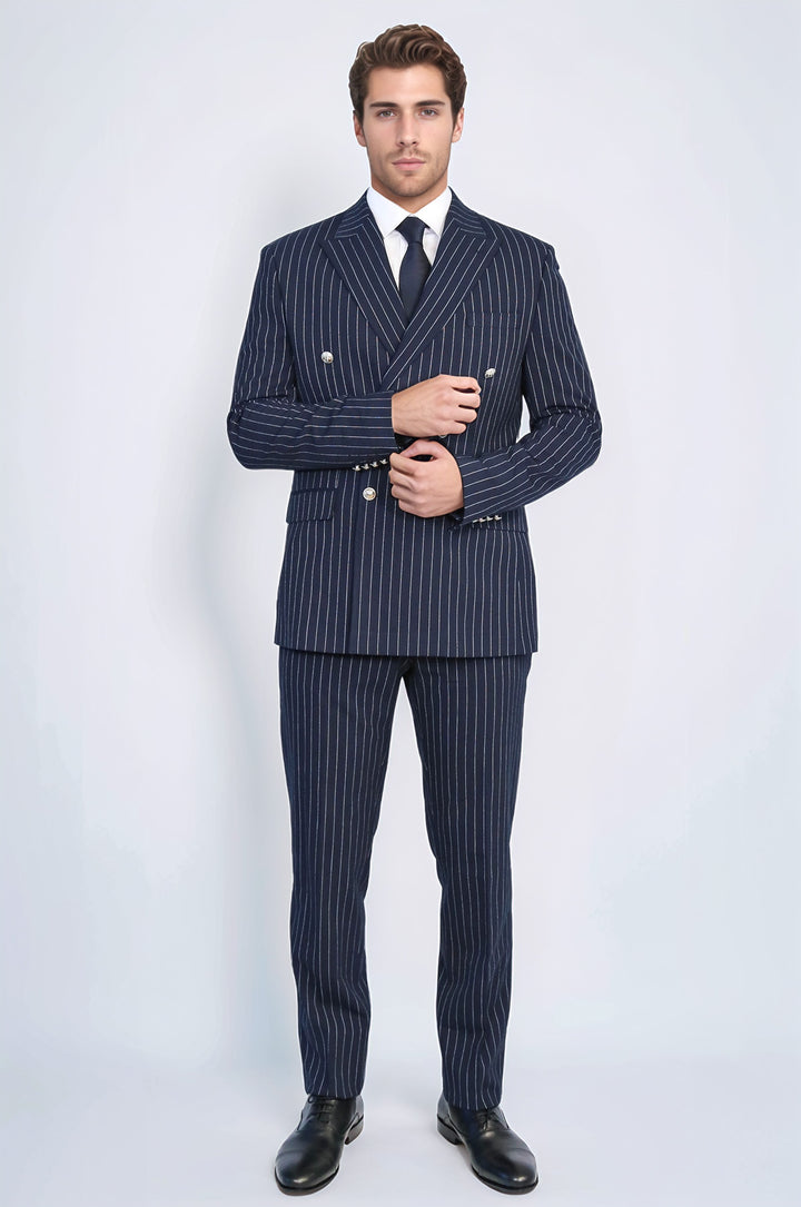 WSS Pinstripe Double Breasted Men’s Navy Blue Suit with Silver Button Details  - Wheeling