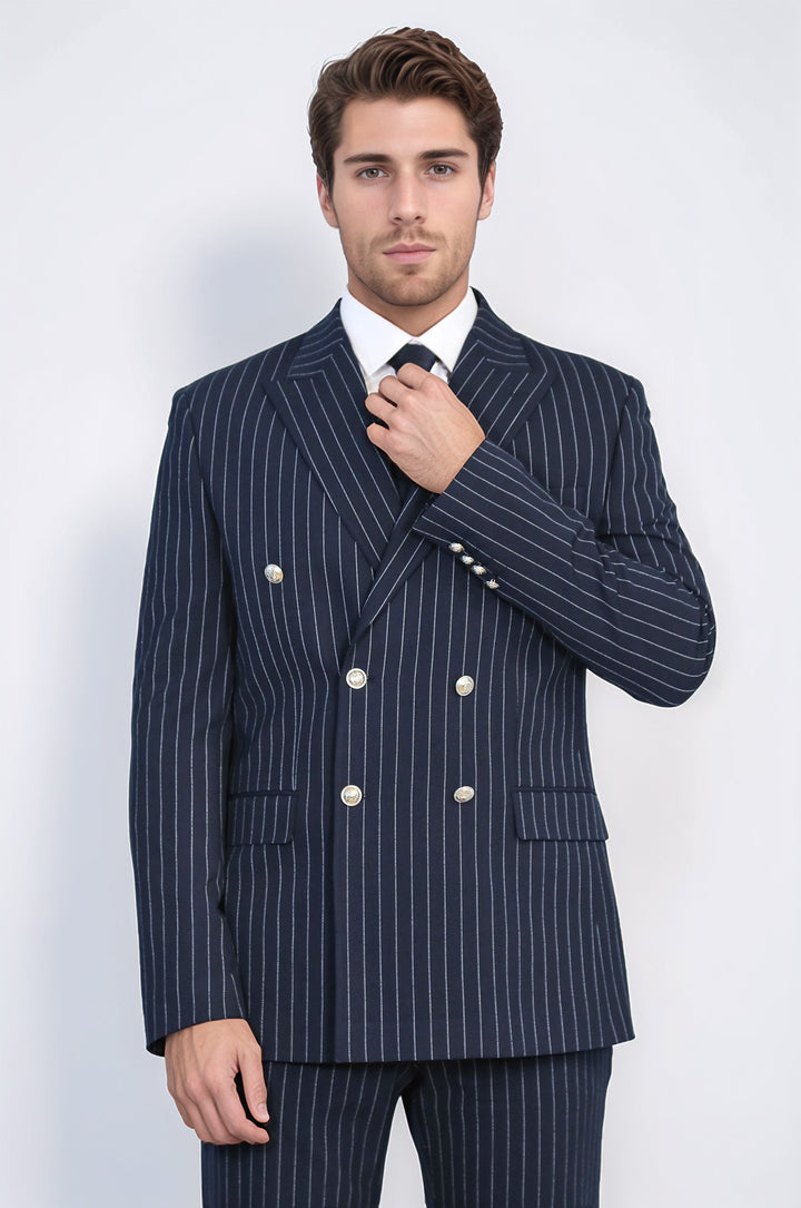 WSS Pinstripe Double Breasted Men’s Navy Blue Suit with Silver Button Details  - Wheeling