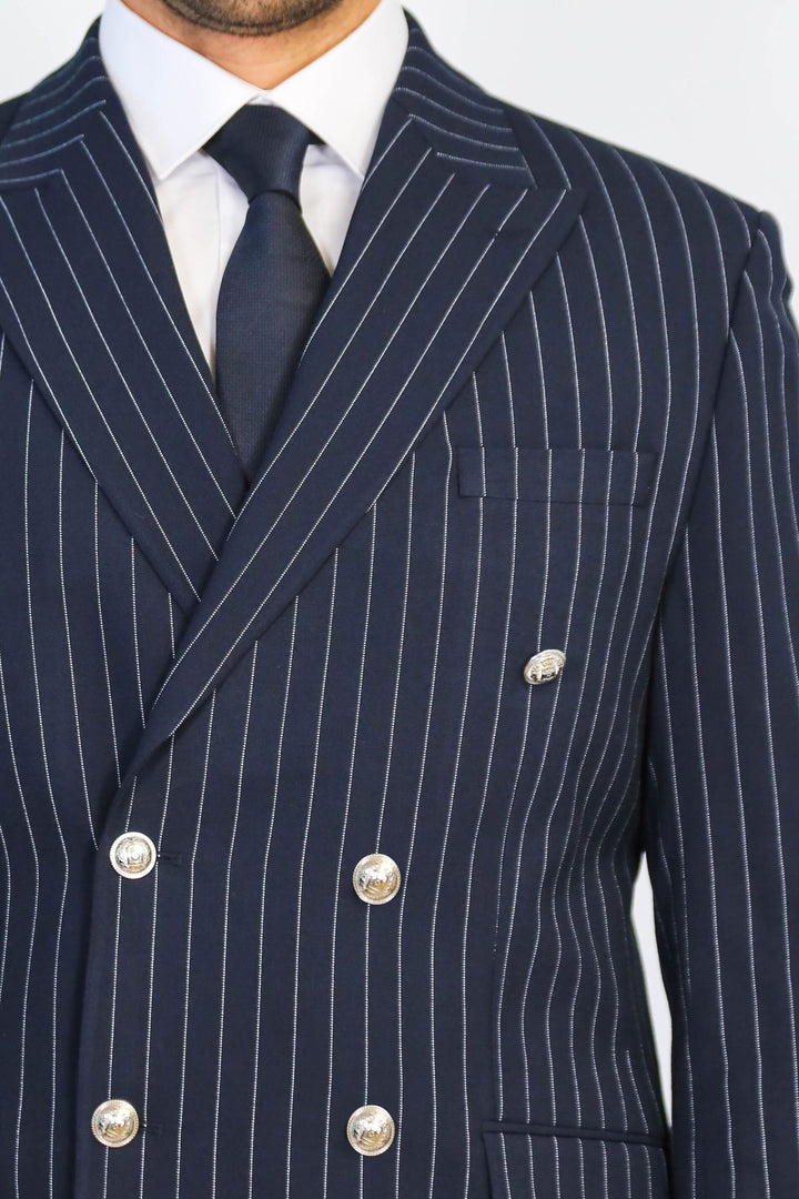 WSS Pinstripe Double Breasted Men’s Navy Blue Suit with Silver Button Details  - Wheeling